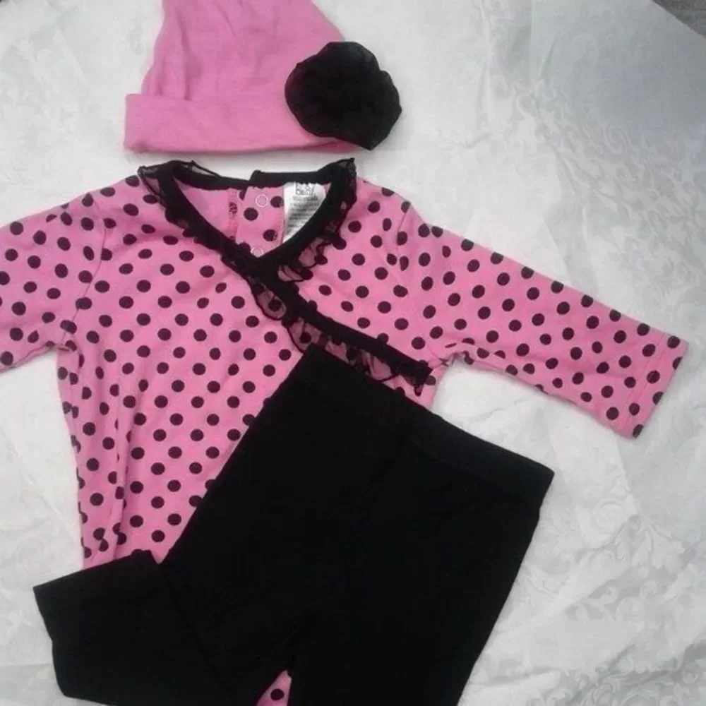 baby essentials Pink & Black 3pc Set Onesie Leggings Hat Polka Dots Ruffle 9Mo